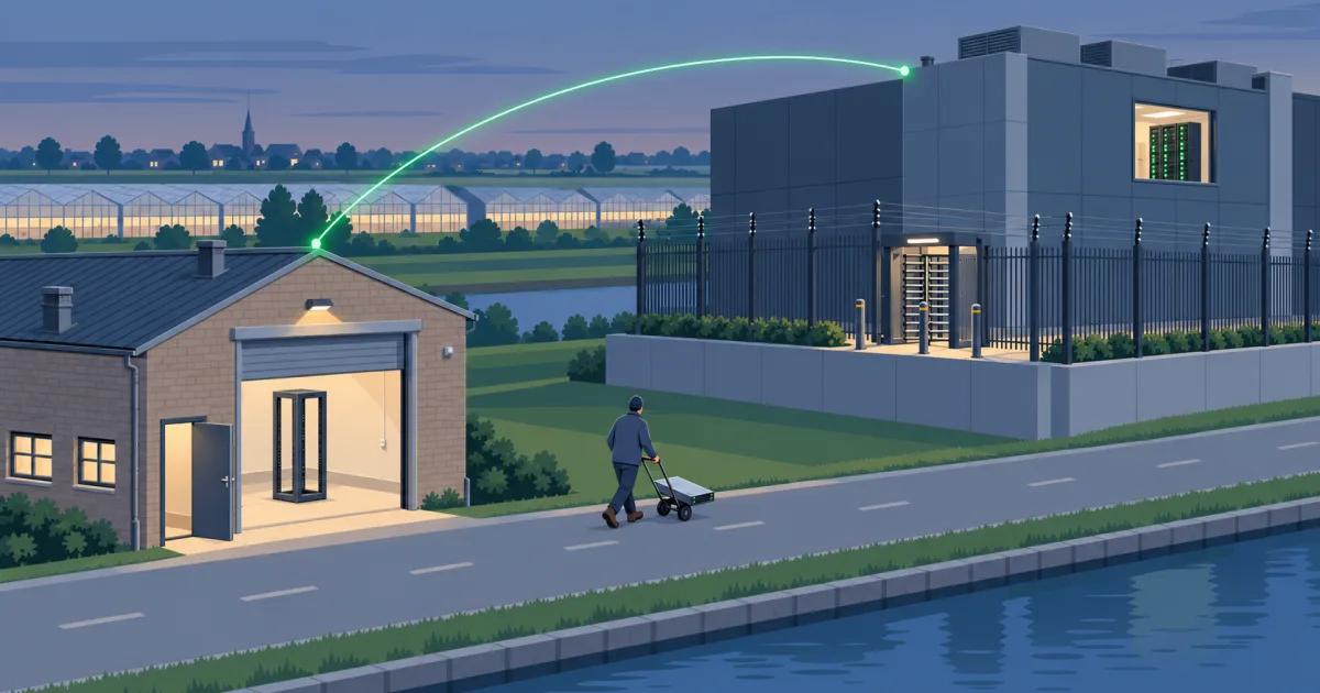 Links een verbouwd bakstenen gebouw, rechts een nieuw datacenter achter een schrikdraadhek, en daartussen iemand die één server over de weg langs het kanaal duwt