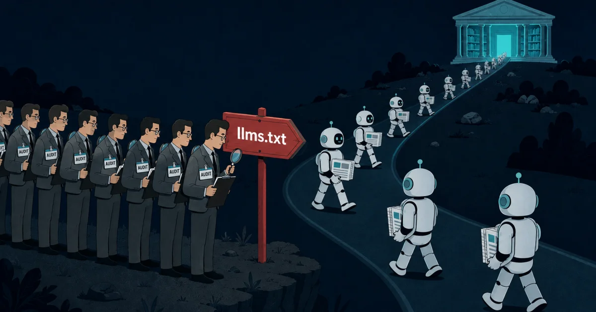 Een rij auditors in grijze pakken met klemborden en vergrootglazen bestudeert een rode wegwijzer met llms.txt erop, terwijl een stoet robots met webpagina's onder de arm eraan voorbijloopt richting een verlichte bibliotheek