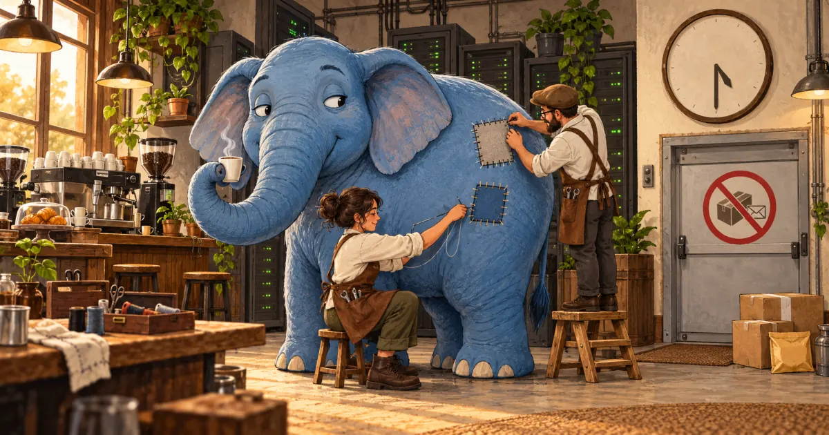 Een blauwe olifant met een kop koffie terwijl twee monteurs in schorten lappen op zijn flank naaien, in een koffiebar vol serverkasten, met een klok op half vijf en een dichte deur met een verbodsbord voor pakketjes