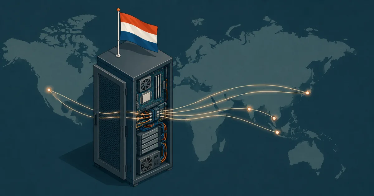 Een Nederlandse vlag in een serverrack, met de chips en kabels van het rack getekend vanaf een wereldkaart erachter