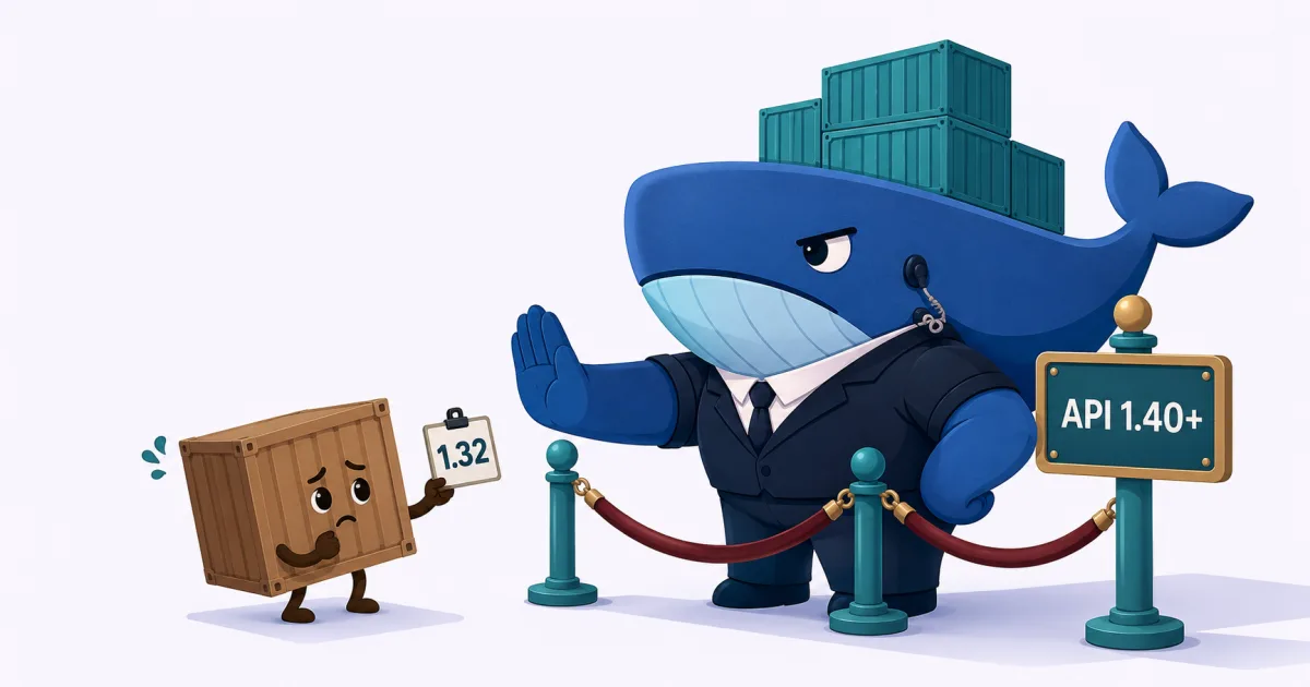 De Docker-walvis als uitsmijter die een kleine container met een 1.32-bordje weigert, naast een API 1.40+ bord